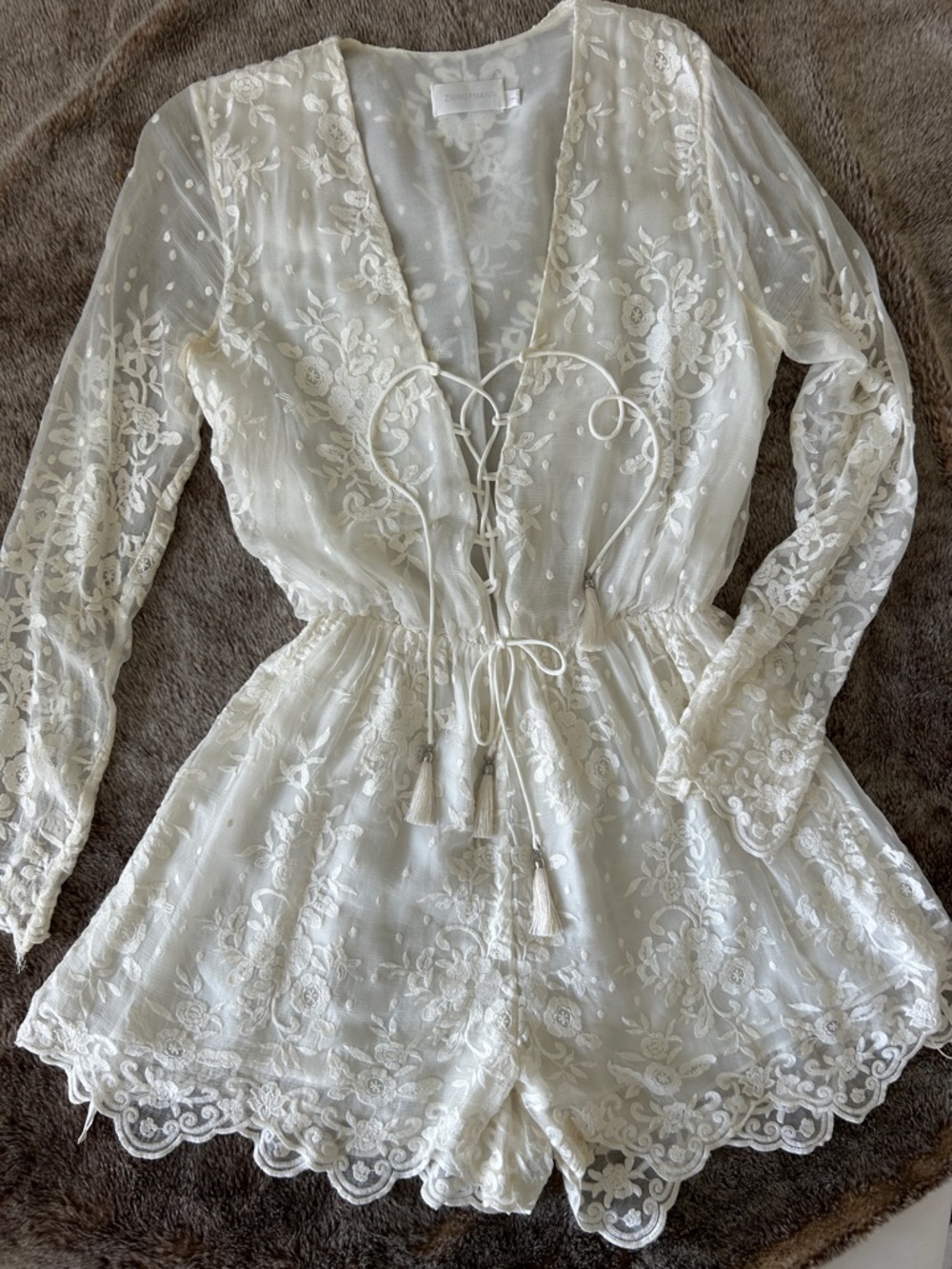 Zimmermann Ivory Embroidered Lace Tie-Front Silk Romper 1 US4